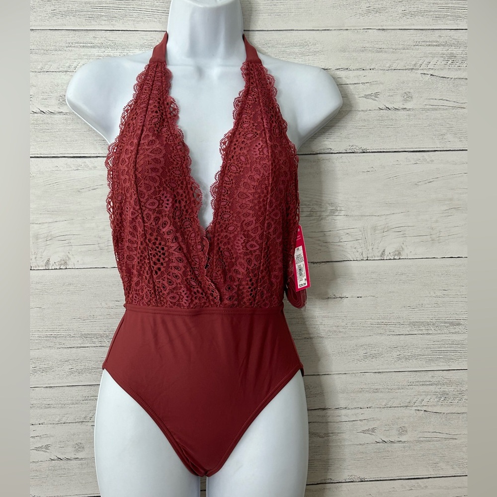 XHILARATION Mauve Lace Deep-Plunge Swimsuit Women’s Size XS NWT